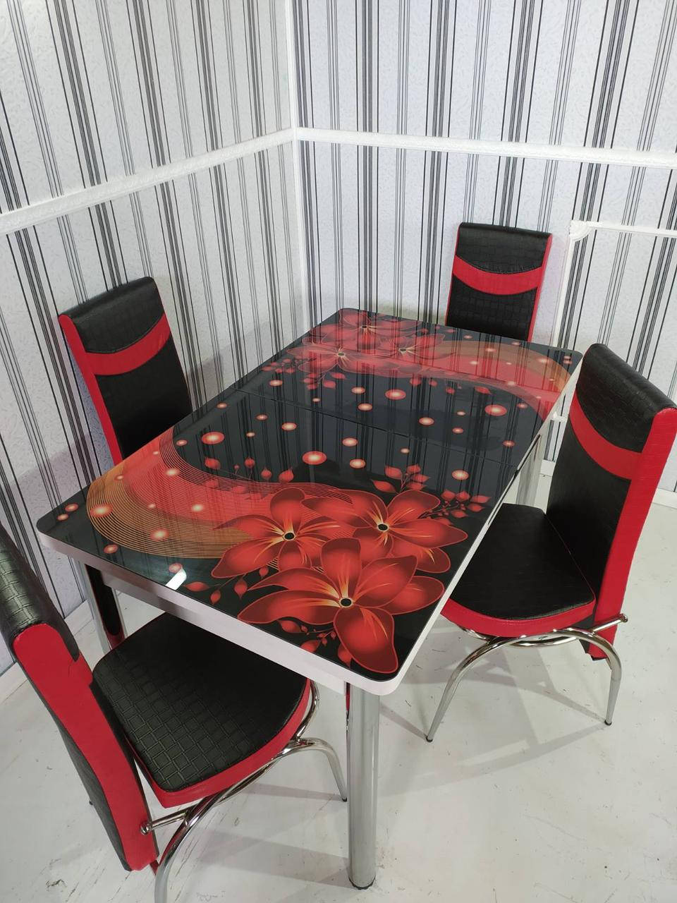 Стол обеденный стеклянный кухонный и 4 стулья 3D Новинка