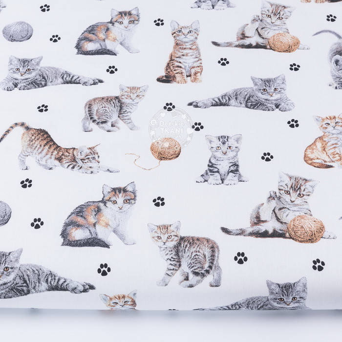 

Ткань бязь "Коричневые котики" на белом фоне (№3416), Разные цвета