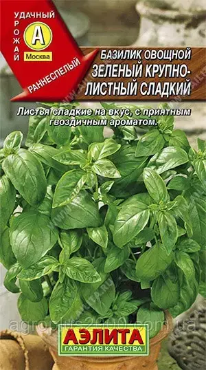 

Семена Базилик Зеленый Крупнолистный Сладкий 0,3 грамма Аэлита