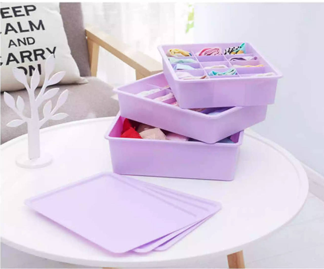 

УЦЕНКА. Пластиковый ящик на 15 ячеек - органайзер для хранения нижнего белья и мелочей с крышкой. Сиреневый