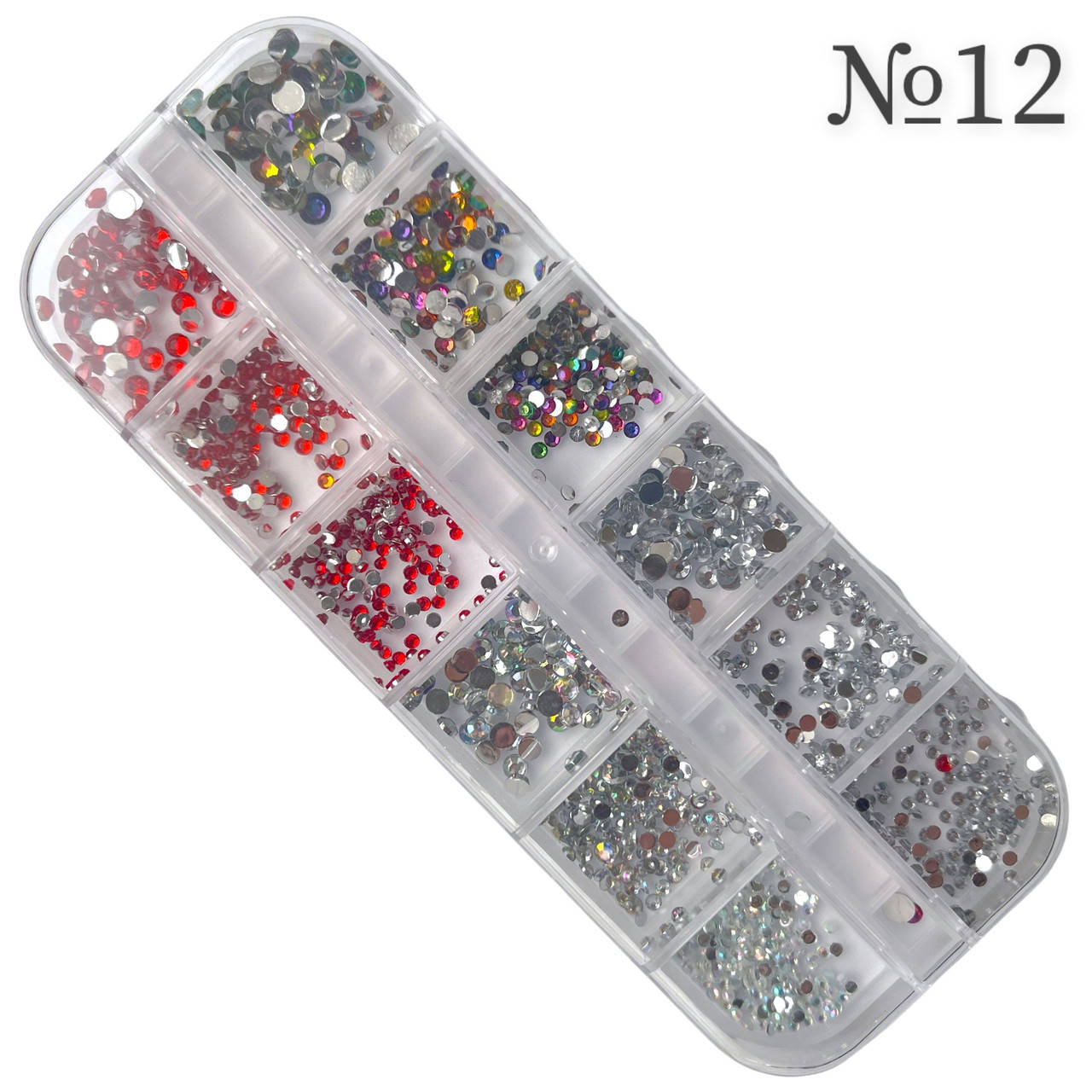 

Набор украшений для дизайна и декора ногтей в пластиковом контейнере, 12шт./уп. Разноцветные круглые стразы разных размеров №12