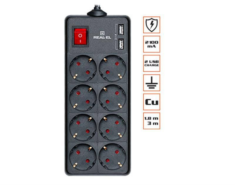 

Фильтр питания REAL-EL RS-8 PROTECT USB 3.0m Black