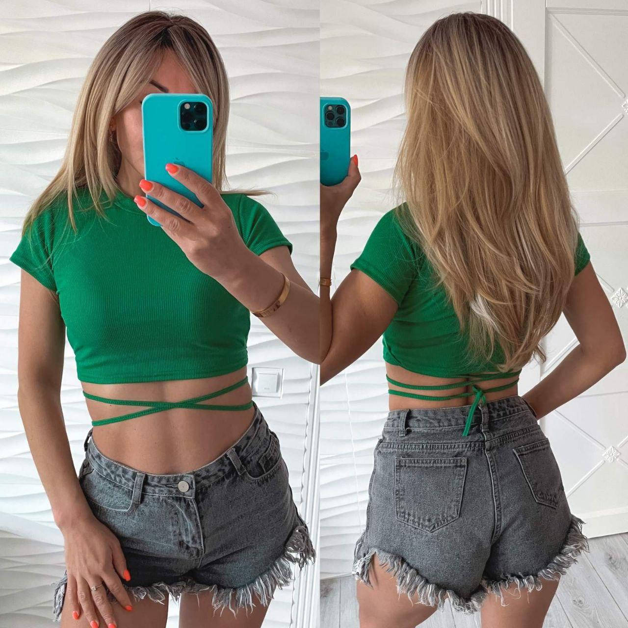 

Короткий ТОП с завязками рубчик ЗЕЛЕНЫЙ р.42-48, Зелёный