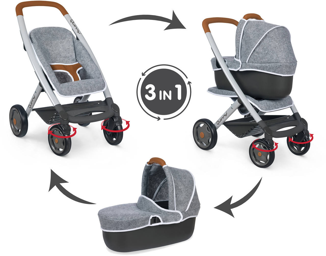 

Коляска Smoby Toys Maxi-Cosi & Quinny 3 в 1 со съемной люлькой Серая (253104), Серый
