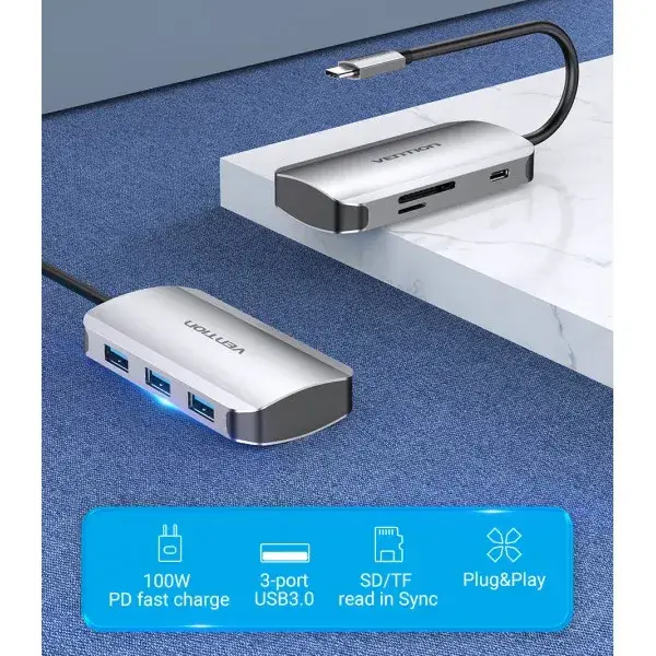 

Док-станция Vention Hub 6-in-1 USB 3.1 Type-C - USB 3.0x3/SD/TF/PD 100W (TNHHB)