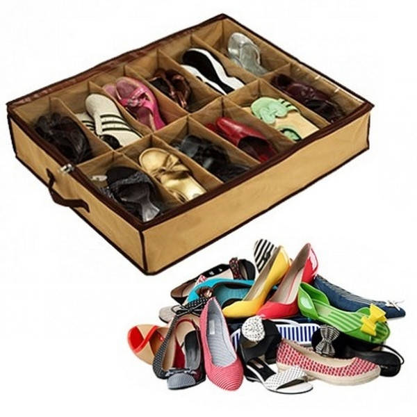 

Органайзер обувной коробка для хранения обуви Shoes Under 12 пар с прозрачной крышкой на замке (Реальные фото), Бежевый