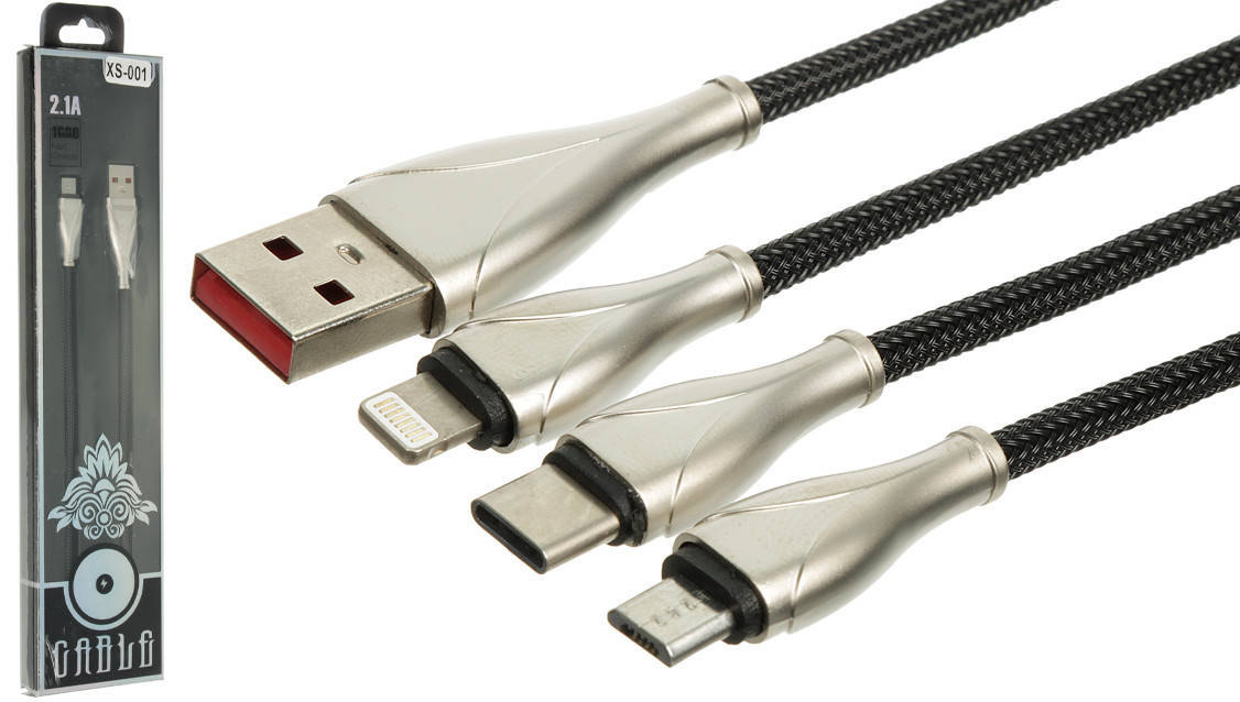 

Кабель Usb-cable Type-C,Lightning,micro-USB XS-004 2.1A 1m (тканевый,круглый) РОЗНИЦА И ОПТ.