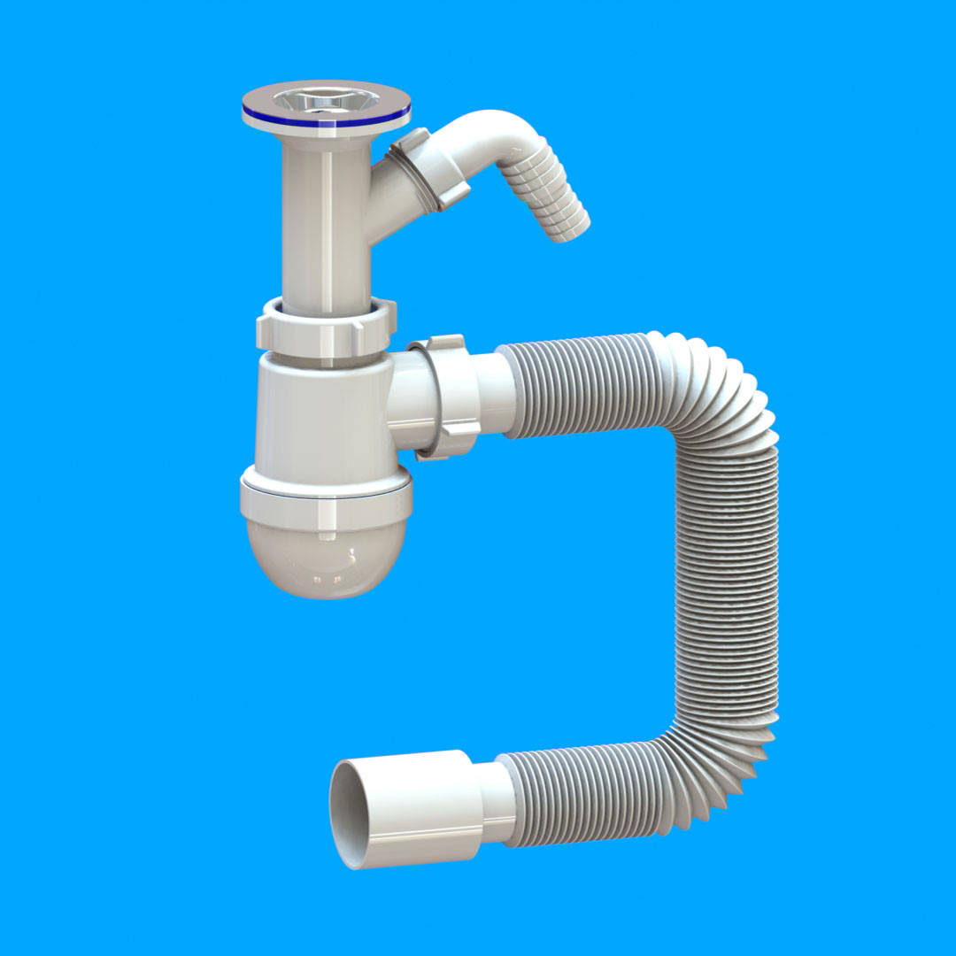 

Сифон раковины с нержавеющим выпуском и отводом под стиральную машинку LN 03 01, Белый