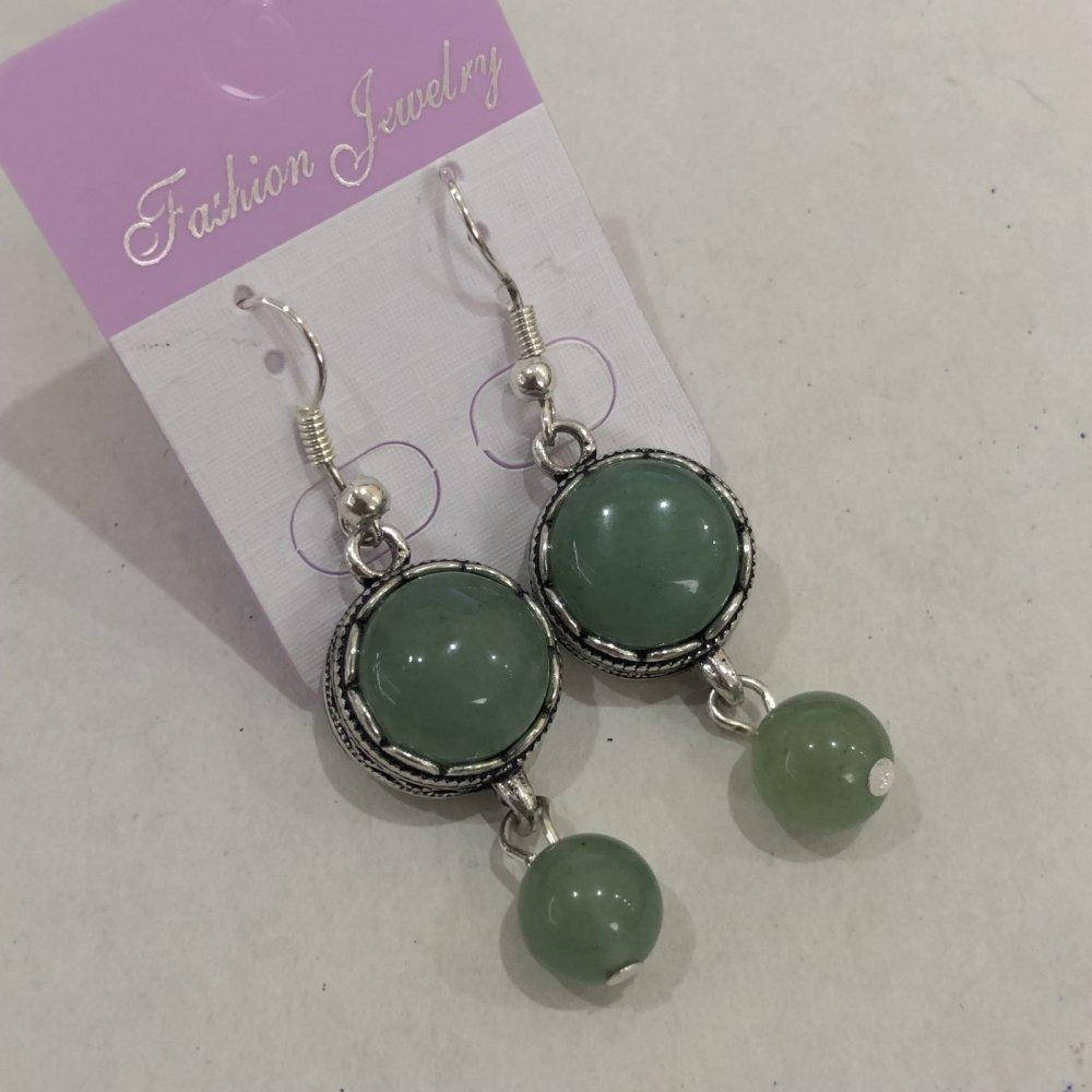 

Серьги Нефрит, кабошон 15мм+-, бусина 8мм+-, оправа "зубчик", L-5см +-
