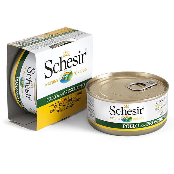 

Schesir Филе курицы с шинкой в желе, консерва для собак 150г