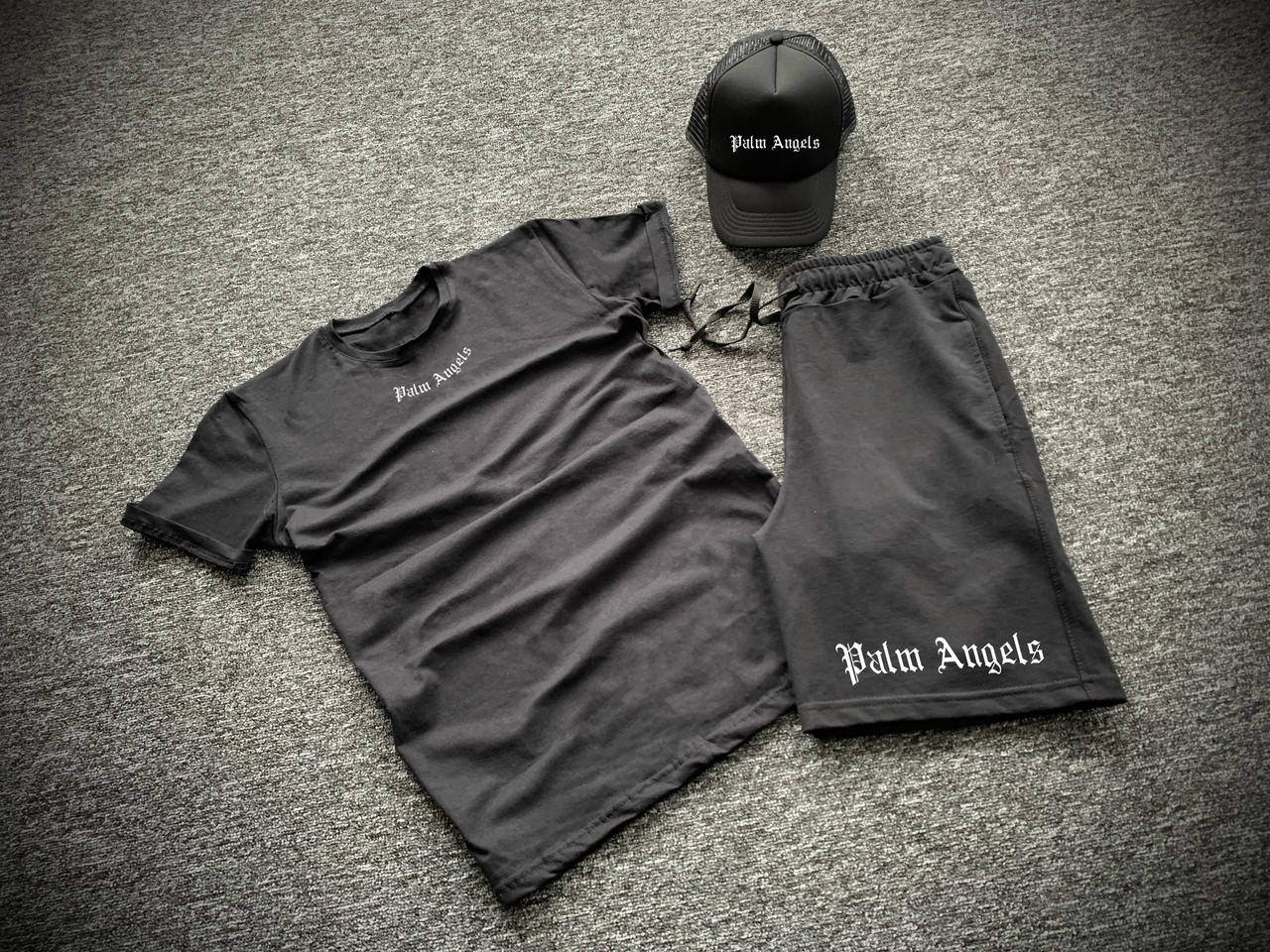 

Комплект футболка шорты + бейсболка с принтом Palm Angels черный мужской | Набор летний ЛЮКС качества