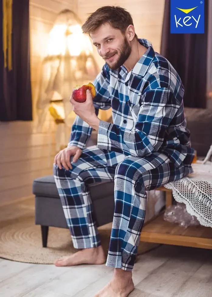 

KEY мужская фланелевая пижама в клетку MNS 498 B21, Клетчатый домашний мужской костюм на пуговицах