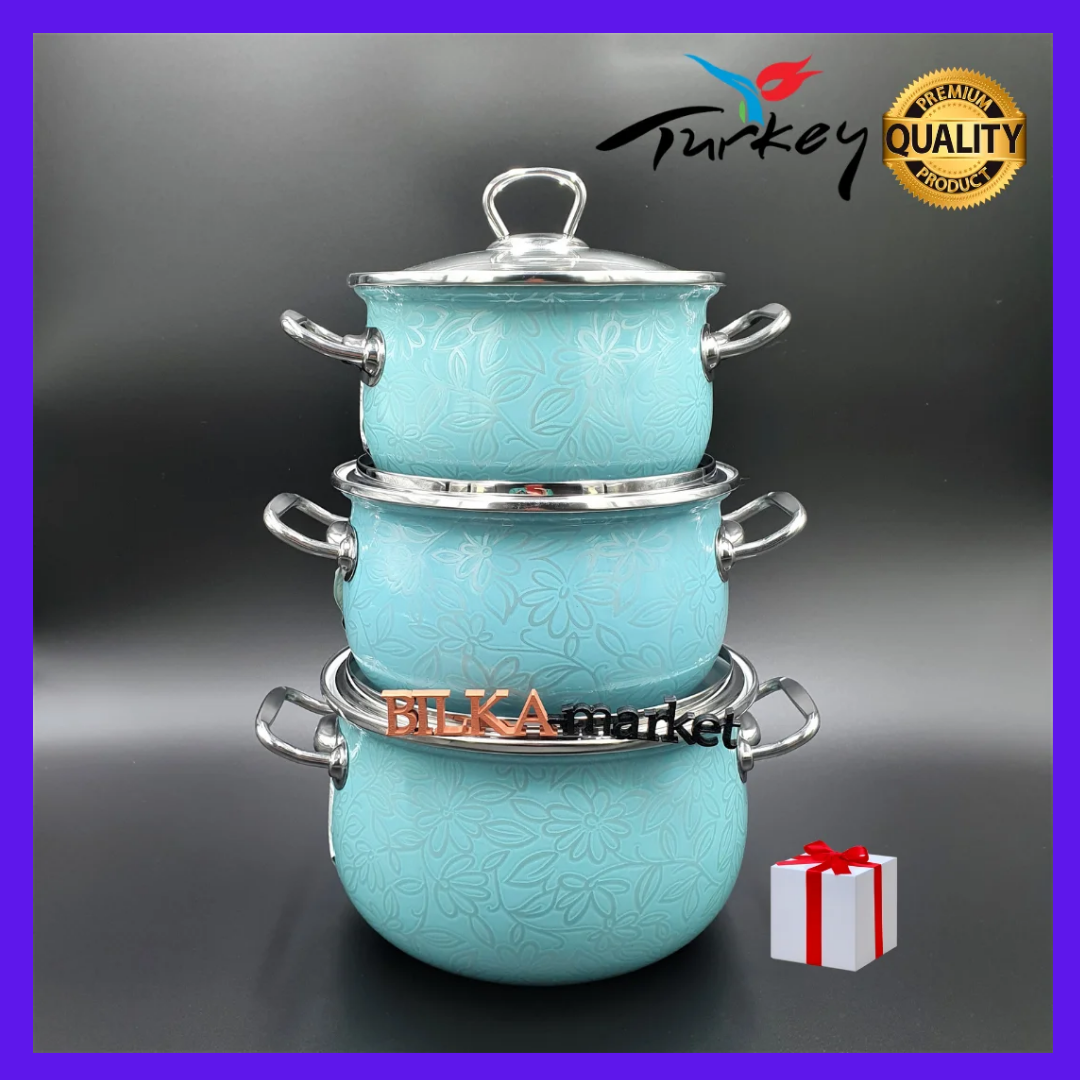 

Набор кастрюль эмалированных турецких Ажур Бирюзовый 3пр. Interos 2598В Турция