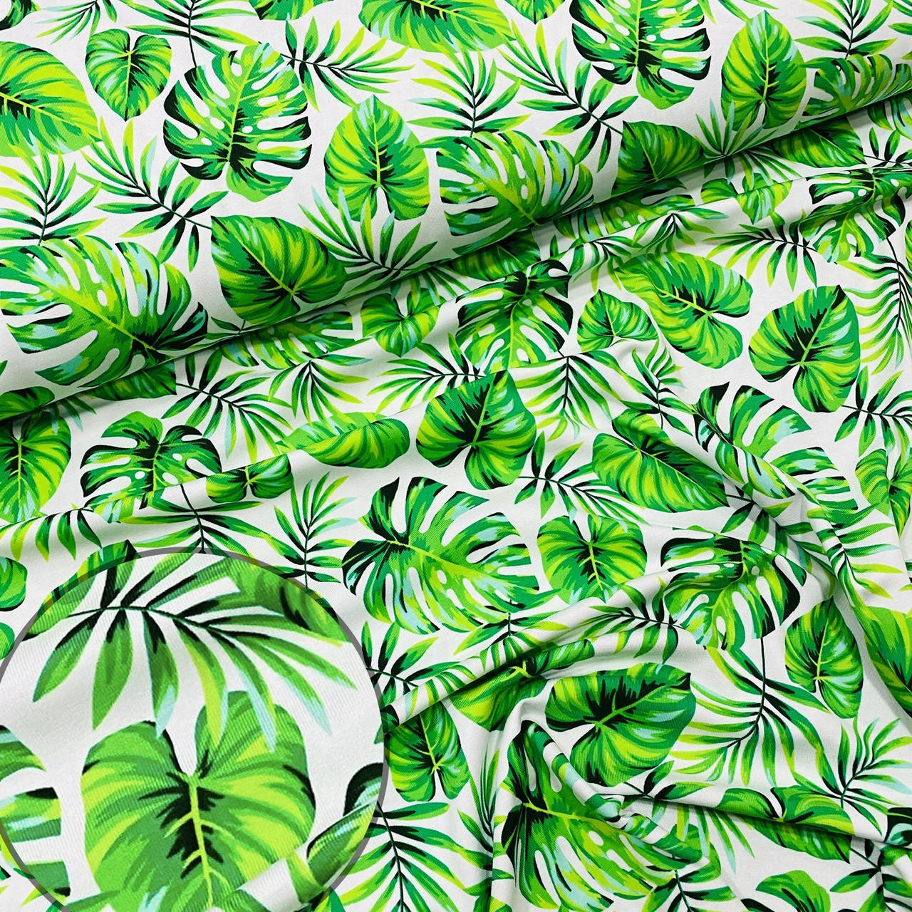 

Стрейч кулир Монстера листья яркие мелкие на белом Состав 95% хлопок 5% эластан для футболок шортиков платьев, Белый