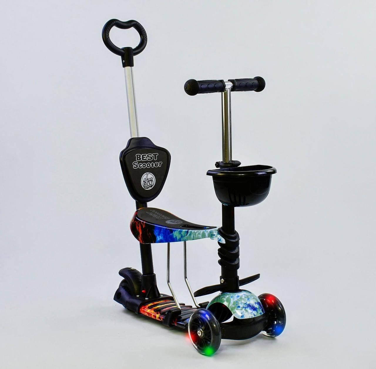 

Детский самокат 5в1 с родительской ручкой и сиденьем, подсветка колес 21500 Best Scooter, черный