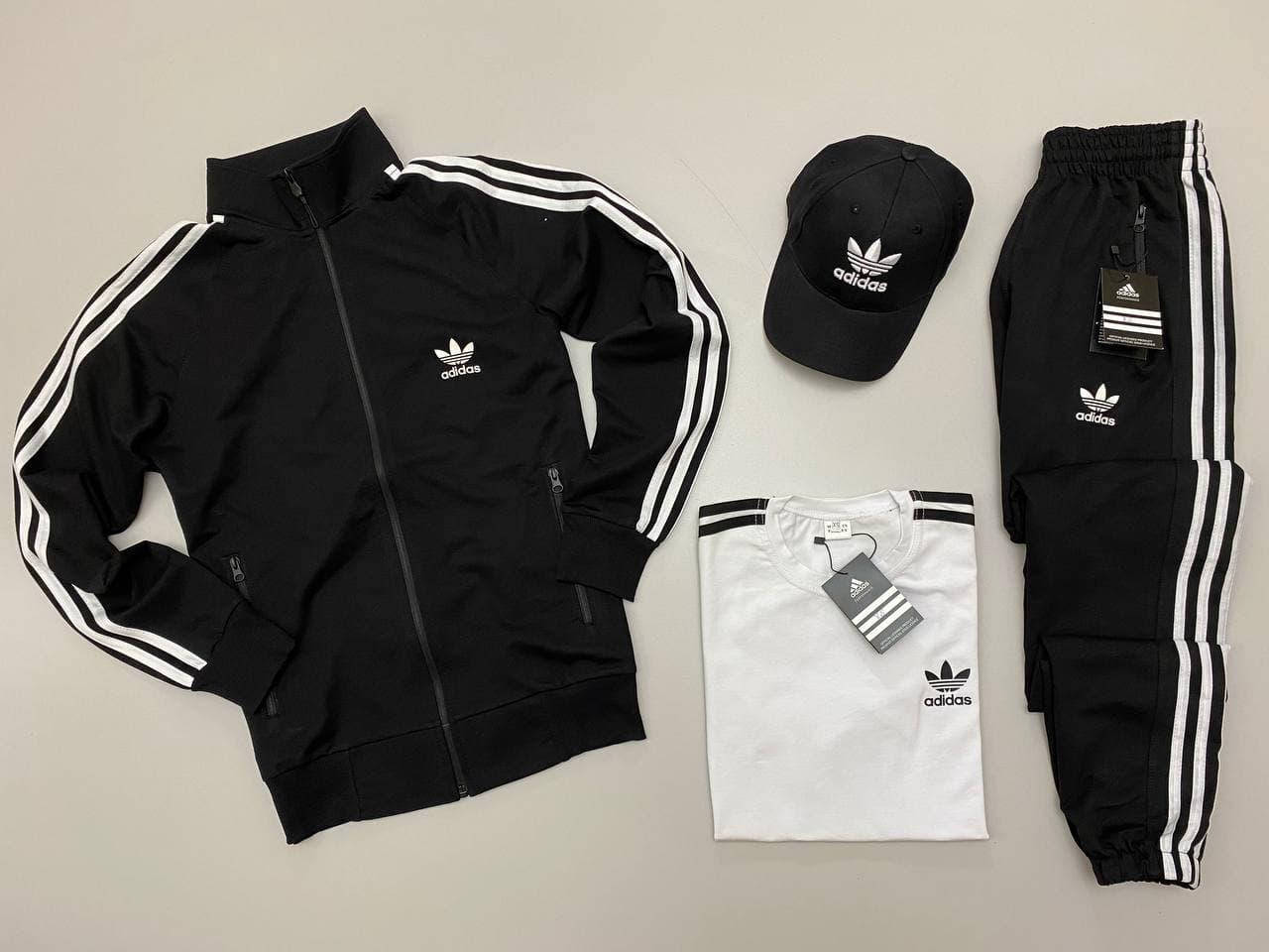 

Мужской спортивный костюм Adidas черный с полосами без капюшона 4в1 XL