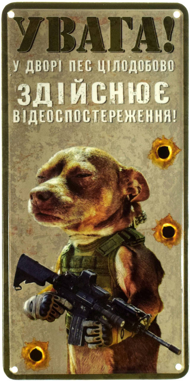 

Металлическая табличка "Увага! У Дворі Пес Цілодобово Здійснює Відеоспостереження!" (ms-002913)