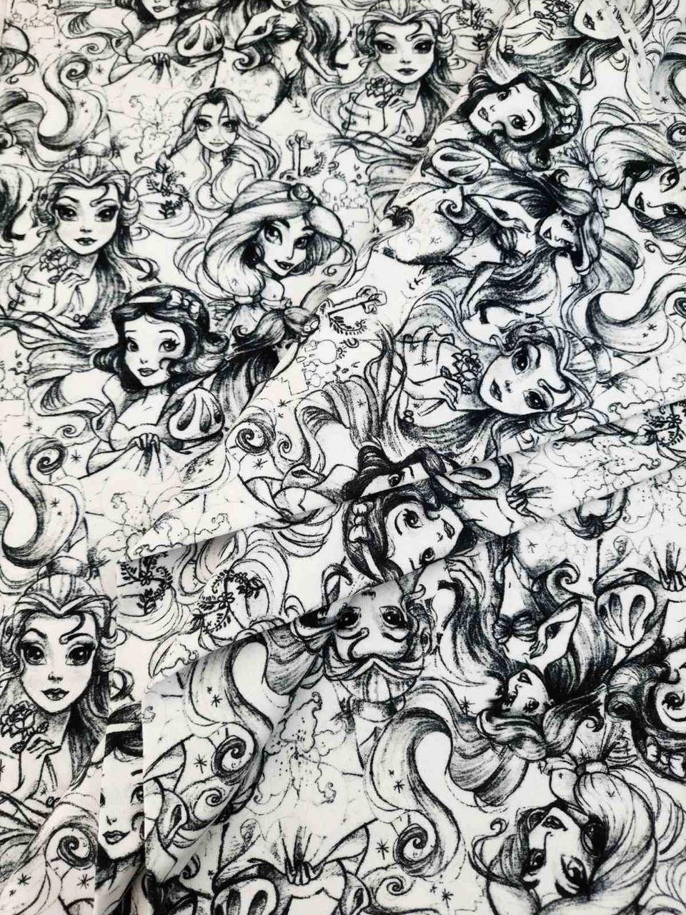 

Футер двунитка "Принцессы черно белое" - 180см. (дилжитал), Белый