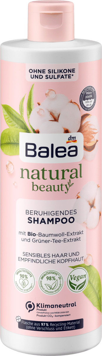 

Шампунь Balea Natural Beauty mit Bio-Baumwoll-Extrakt und Grüner-Tee-Extrakt, 400 ml