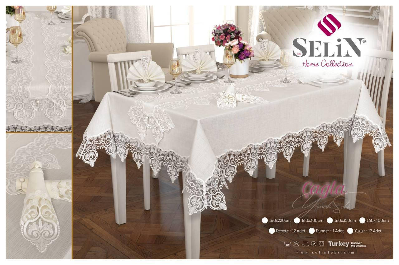 

Льняная скатерть с ранером Selin Cagla Set 160×300+12 салфеток, Кремовый
