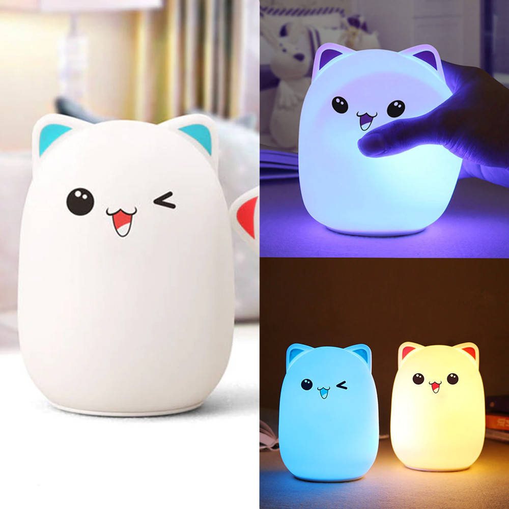 

Светодиодный силиконовый ночник "Котик" 7 Led цветов EL-543 / Ночной детский светильник, Белый
