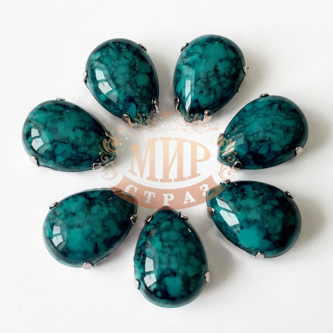 

Акриловые кабошоны в цапах, Капля, цвет Zircon Malachite, 10х14мм, 1шт
