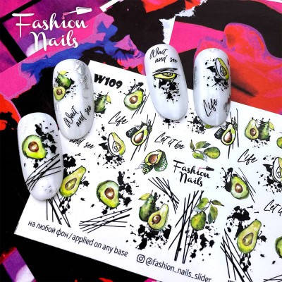 

Слайдер дизайн наклейки на ногти для маникюра водные Fashion Nails w 109 авокадо фрукты, Зелёный