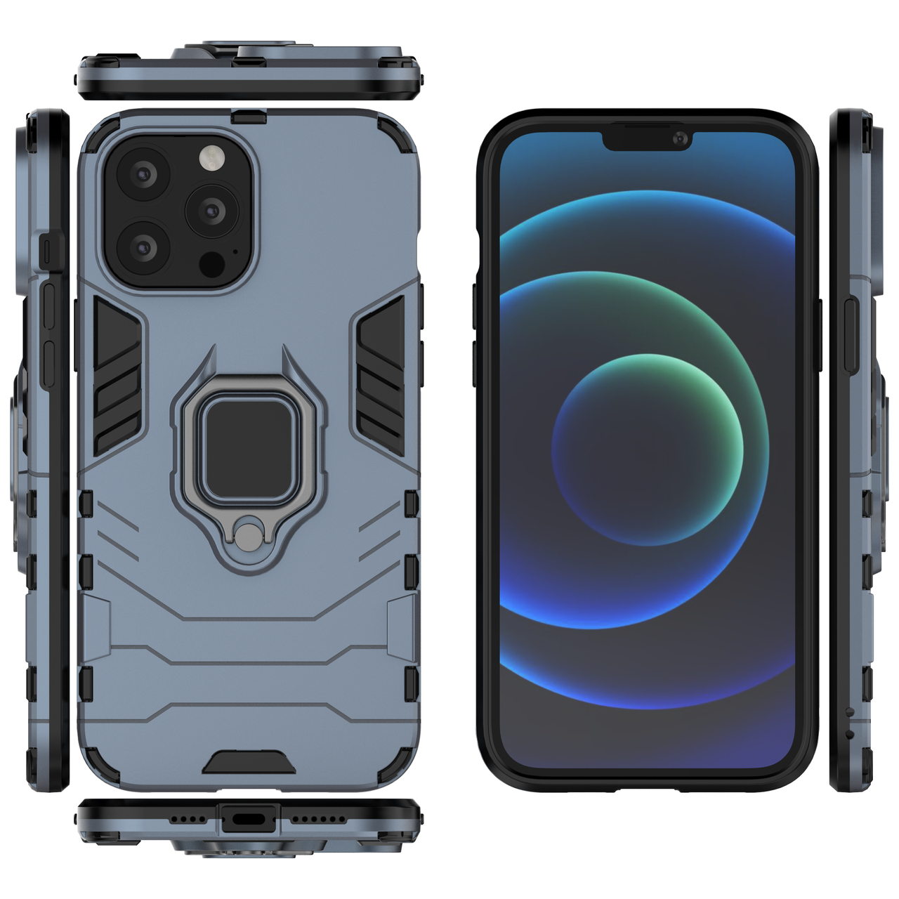 

Бронированный чехол для Apple iPhone 13 Pro Max с кольцом Navy Blue, Серо-голубой