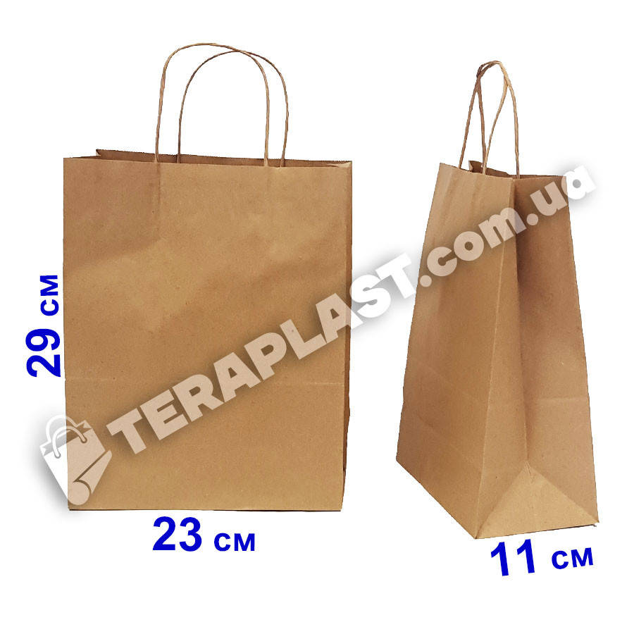 

Бумажные пакеты бурый крафт с ручками 230х110х290, плотность 90г/м²