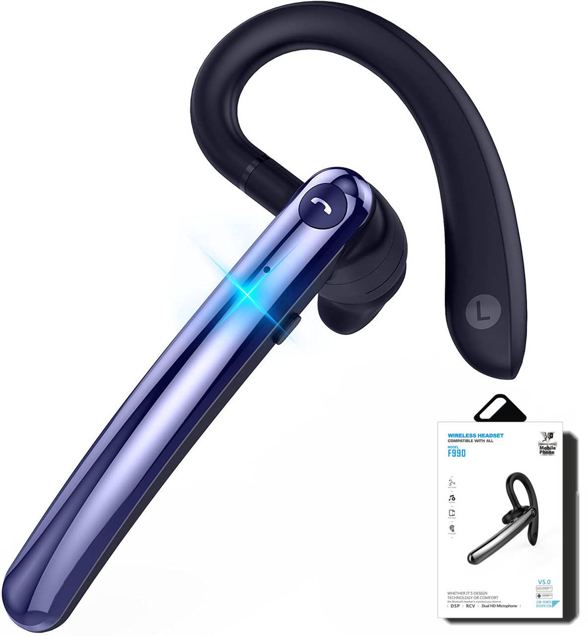 

Беспроводная bluetooth гарнитура Yincine 990 с шумоподавлением и двойным микрофоном Синяя, Синий
