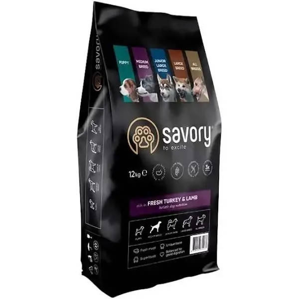 

Сухой корм для взрослых собак средних пород Savory Medium Breed rich in Fresh Turkey & Lamb 12 кг