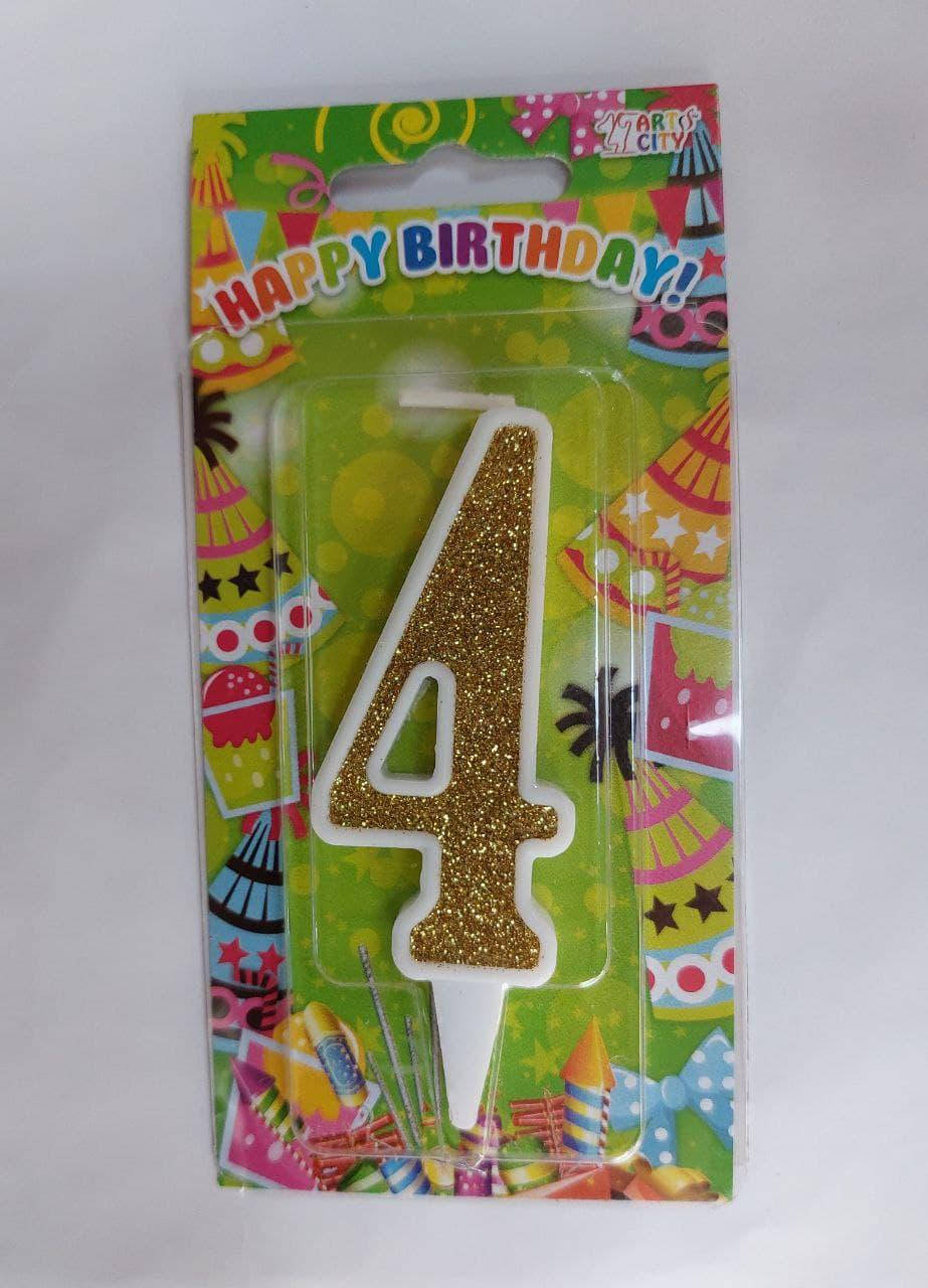 

Свічка цифра в торт "4" Happy Birthday, в білій окантовці, 7см.