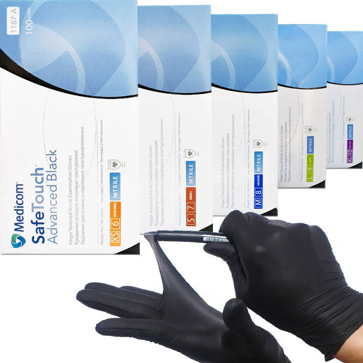 

Черные нитриловые перчатки Medicom SafeTouch Advanced Black 5 г (плотная), Черный