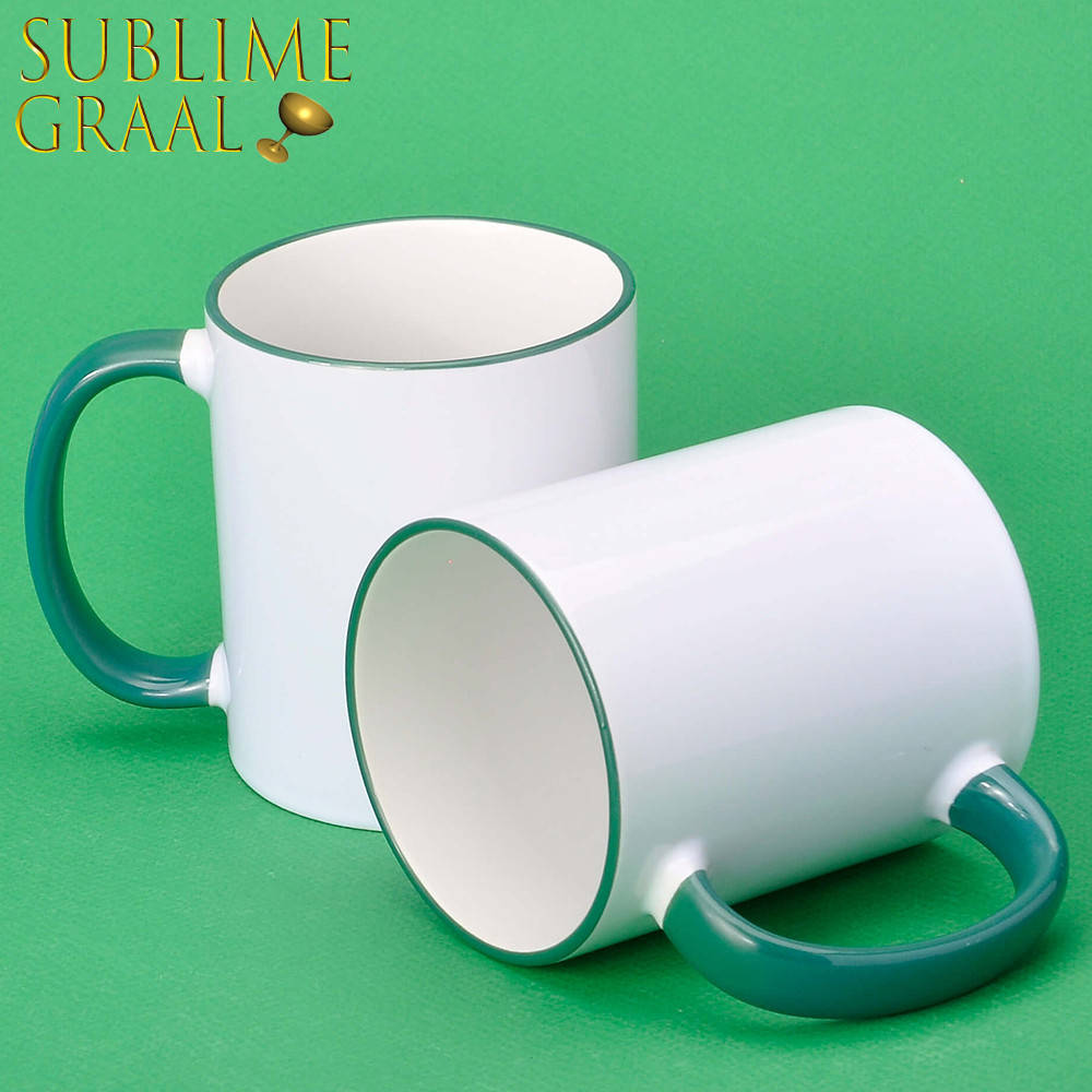 

Чашка белая. Зеленый ободок и ручка, сублимационная, Зелёный