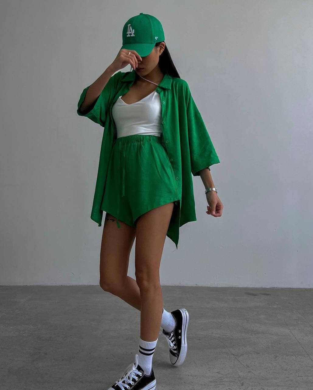 

Женский летний легкий костюм двойка, S/M ; M/L, зелёный, синий, американский креп-жатка