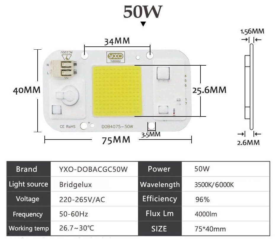 

LED матрицы YXO 50w 220вольт 6000-6500 К