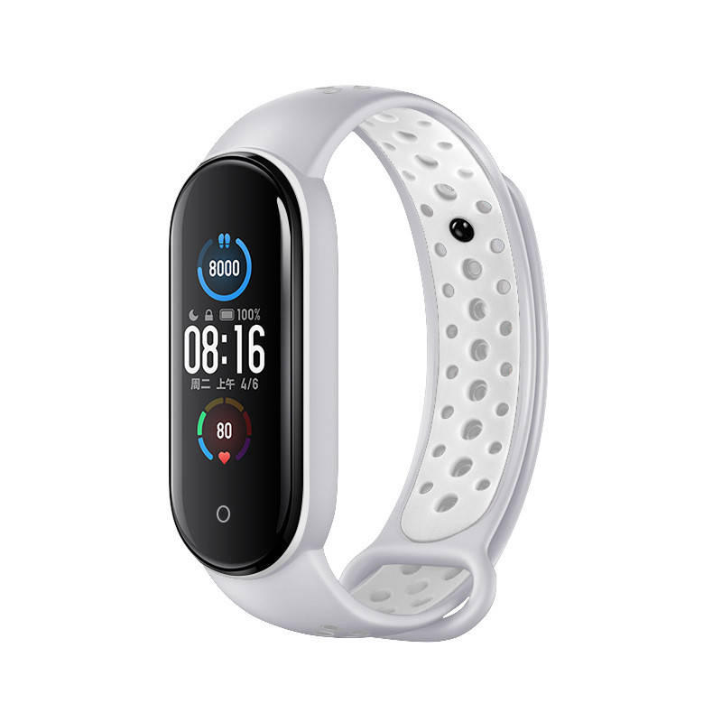 

Mi band 5 ремешок ми бенд 6 перфорированный серо-белый