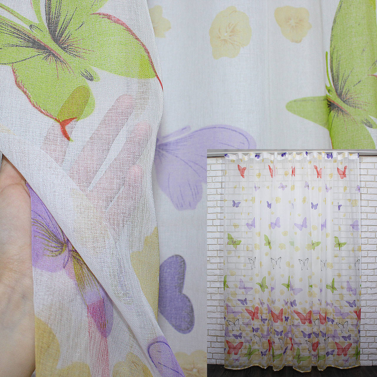 

Тюль батист с крупным принтом "Бабочки". Цвет белый с разноцветным принтом. Код 911т, Разные цвета