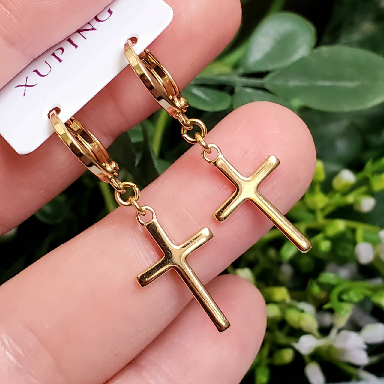 

Серьги крестики Xuping длина 3.5см медицинское золото позолота 18К с1236