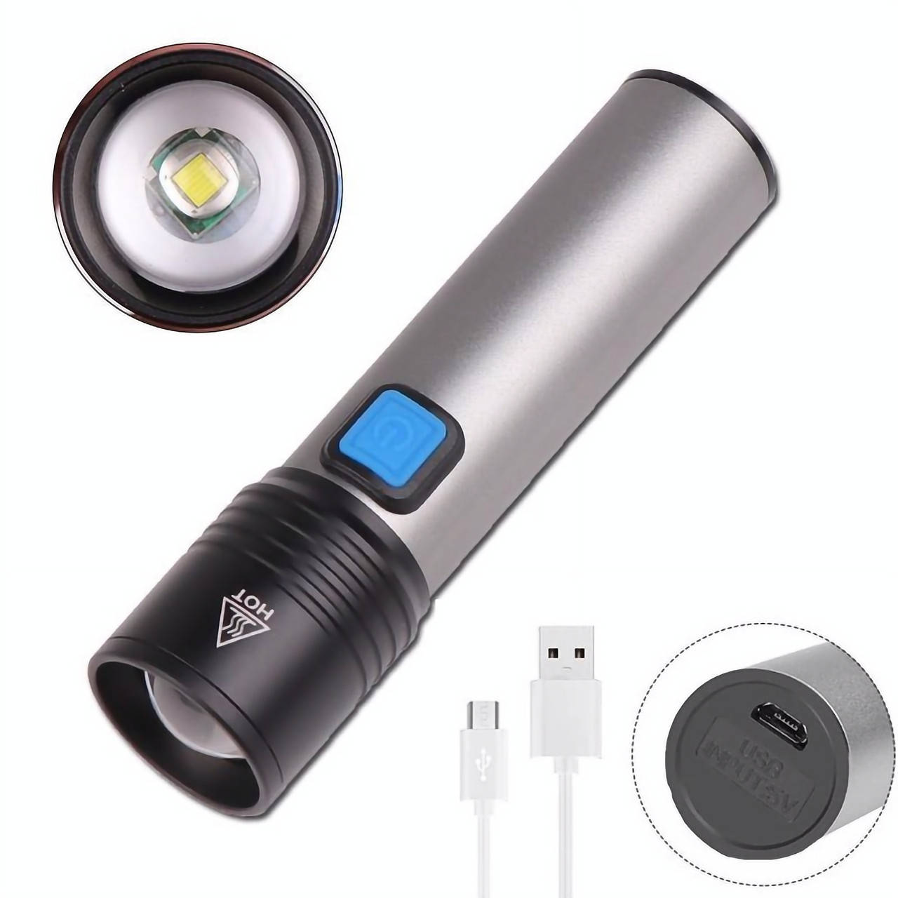 

Ручной светодиодный аккумуляторный фонарь с USB BL K31 / Карманный LED фонарик, Серый