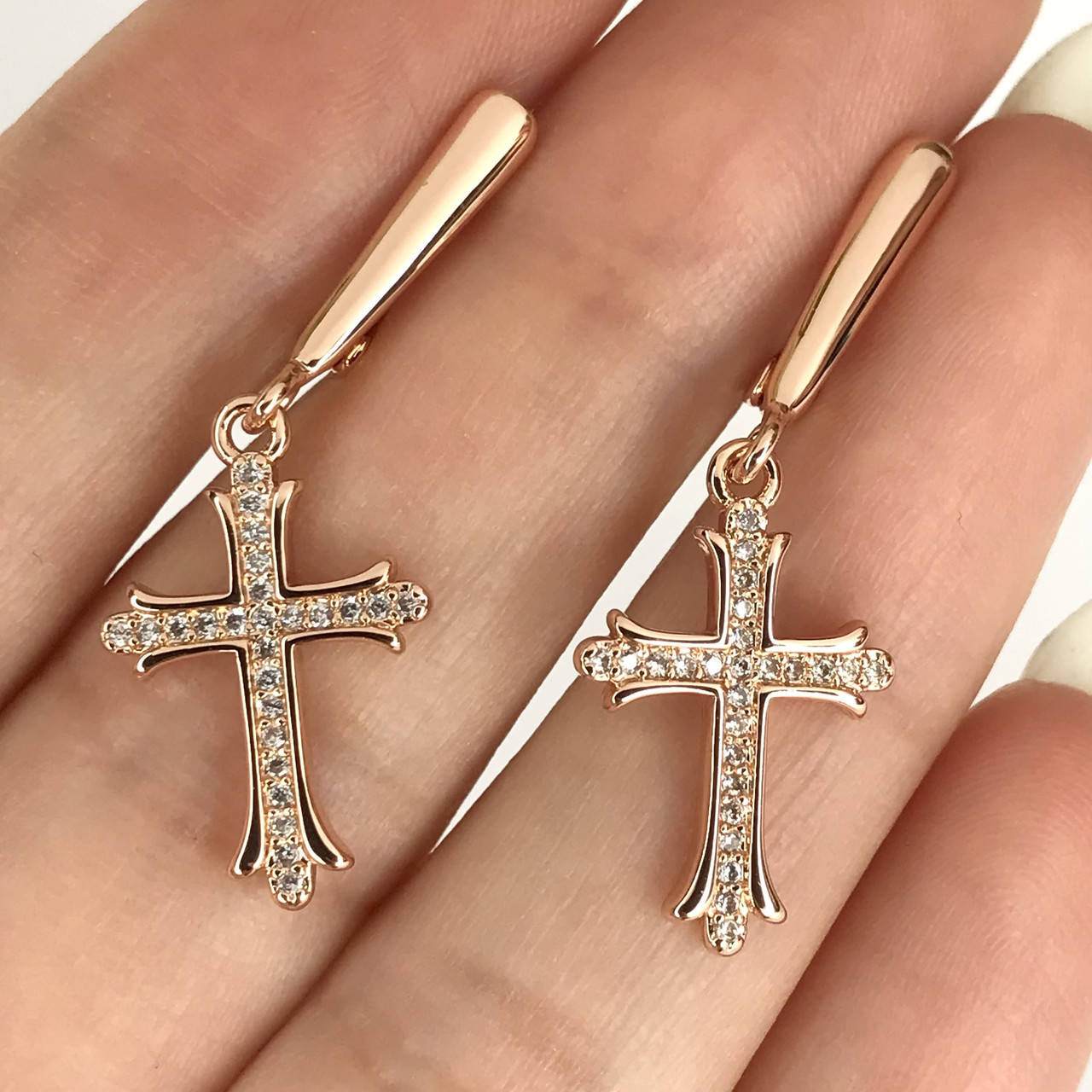 

Серьги с подвесками Крестики из белых кристаллов покрытие золотом 18к.