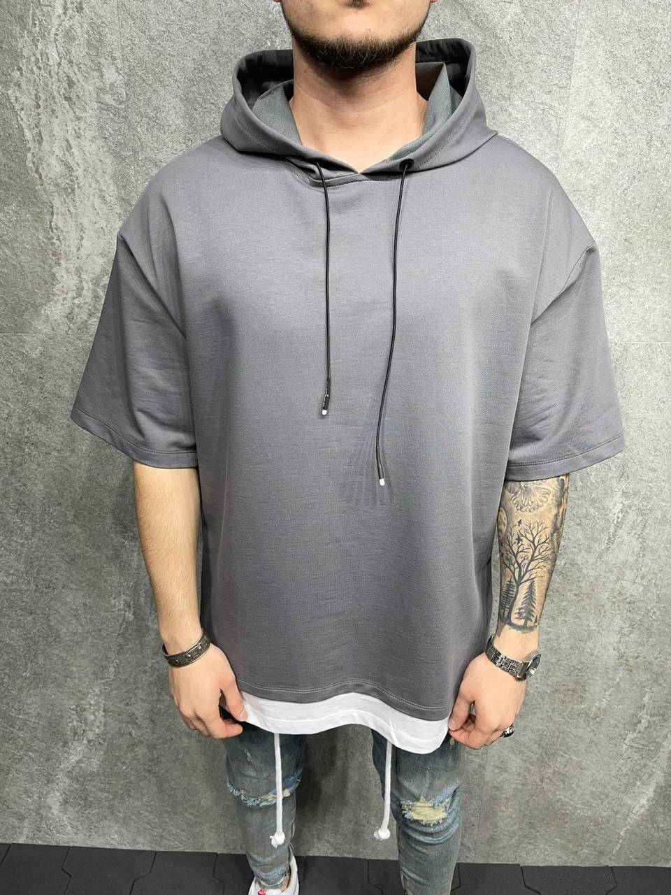 

Oversize кофта безрукавка мужская серая однотонная с капюшоном Футболка чоловіча сіра широка з капішоном