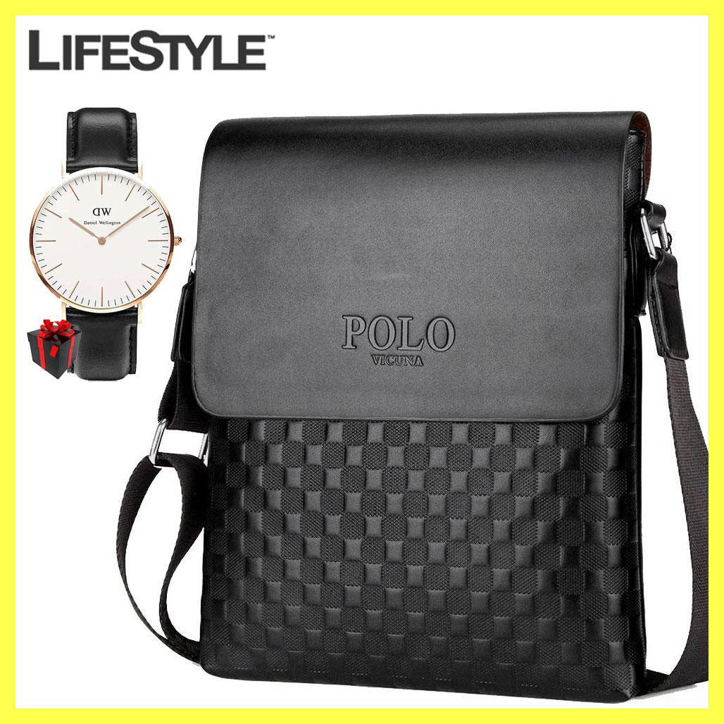 

Мужская сумка Polo Videng 25х21х7 см + Часы DW в Подарок / Портфель через плече из PU кожи