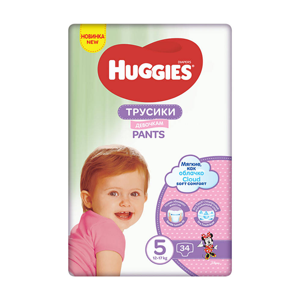 

Трусики-подгузники Huggies Pants для девочек, размер 5 (12-17 кг), 34 шт, Белый