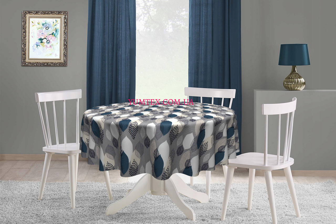 

Скатерть круглая хлопок тефлоновая водоотталкивающая гидрофобная пропитка листики синие белые серые, Разные цвета