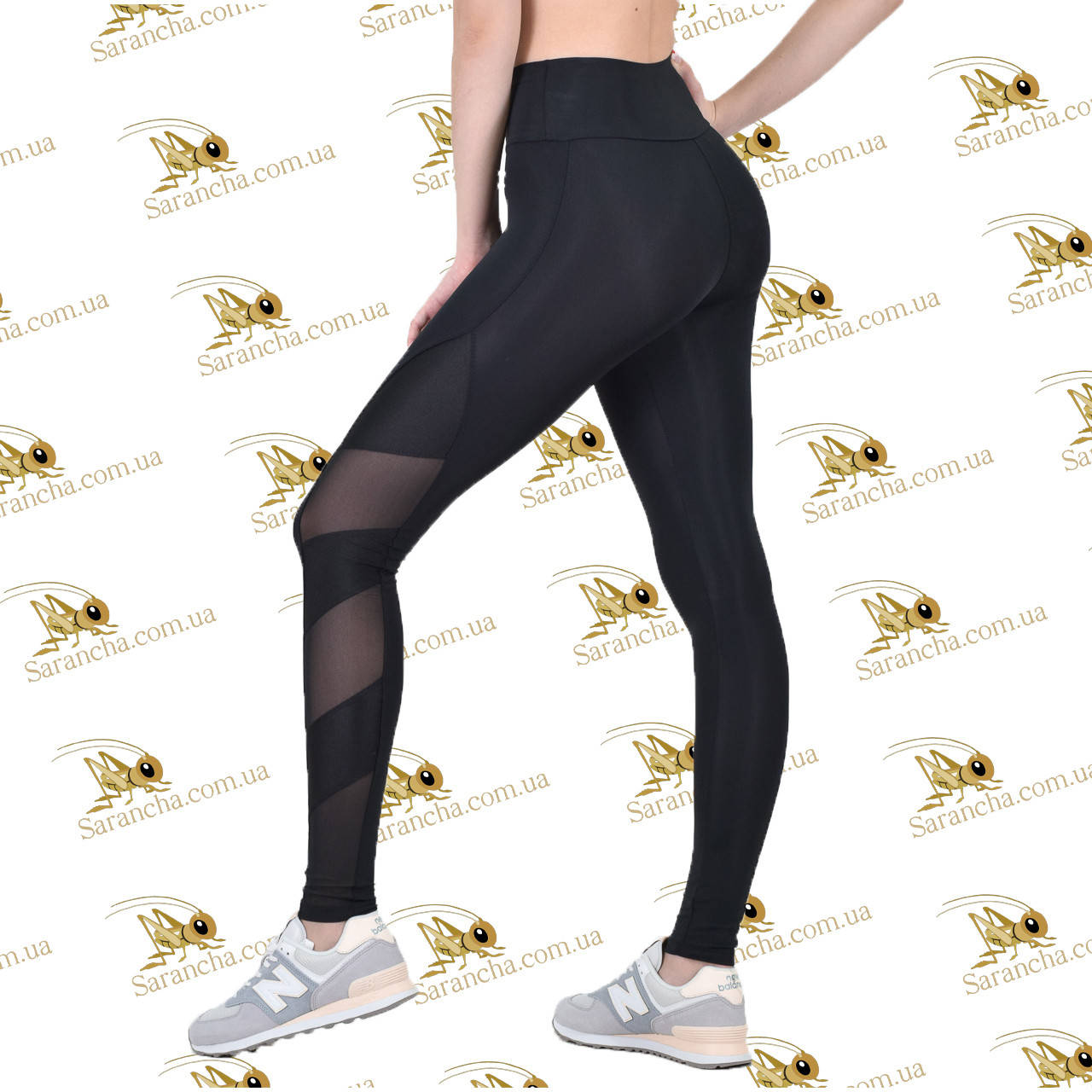 

Cпортивные женские черные лосины с черными вставками сетки, Черный