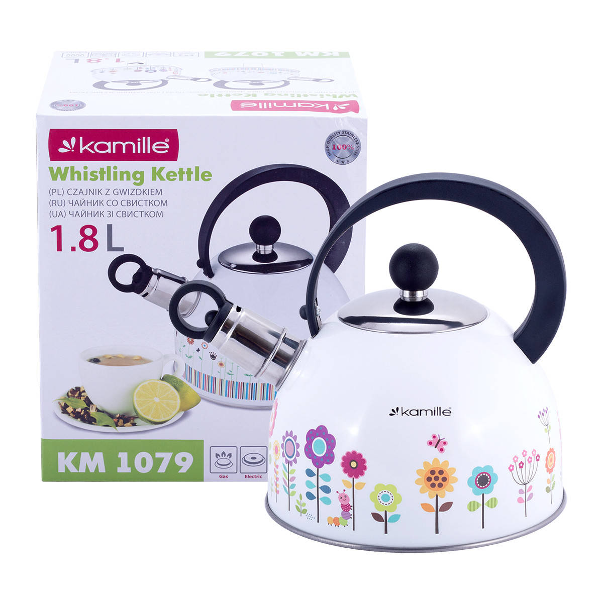 

Чайник Kamille Рисунок 1,8л из нержавеющей стали со свистком для индукции и газа KM-1079