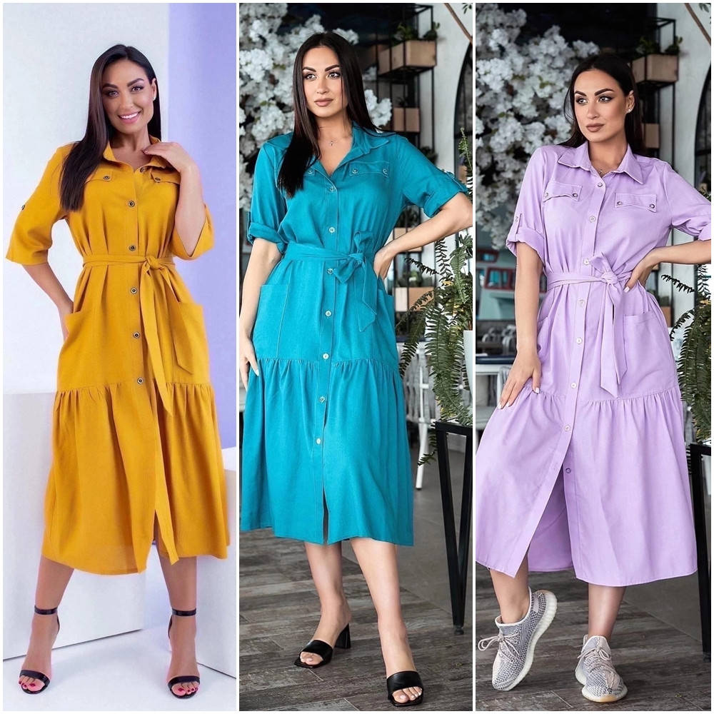 

Летнее платье-халат под поясок и с карманами из натуральной ткани лен