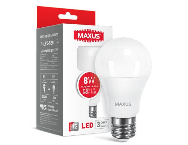 

Лампа LED зв MAXUS A60 8W 4100K 220V E27 1-LED-560