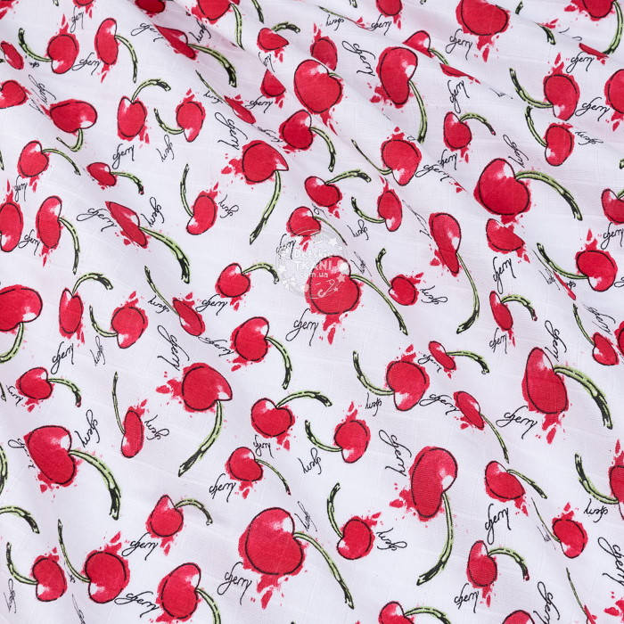 

Муслин в квадратики "Нарисованные вишенки Cherry" на белом, ширина 160 см, Разные цвета